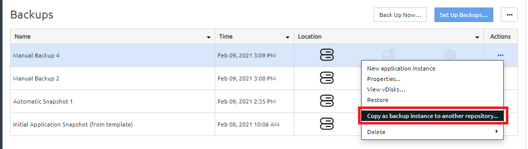 Screen capture showing the Copy as backup instance to another repository option being selected for a backup.