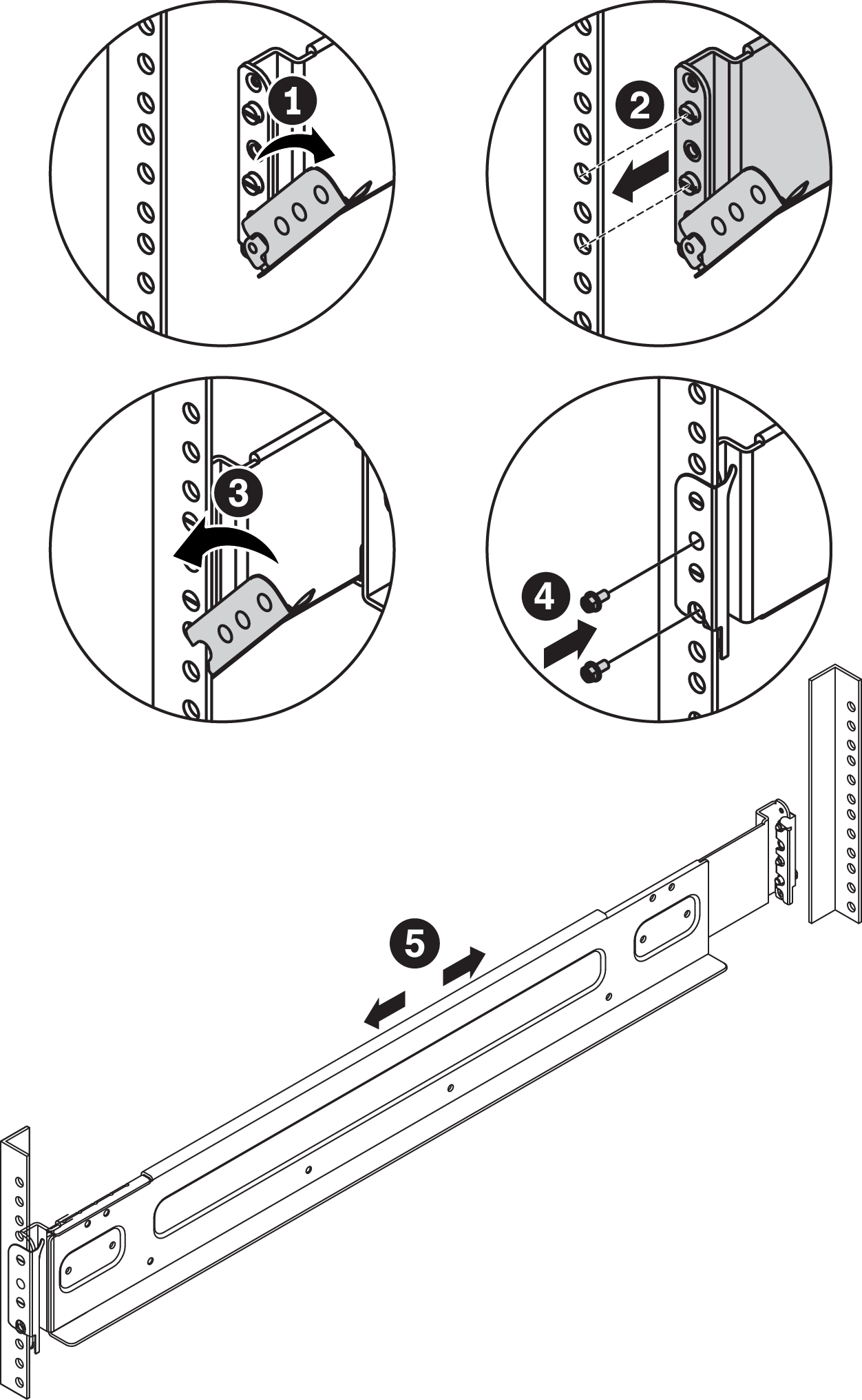 Illustration of how to install the storage slide rails in a round hole rack