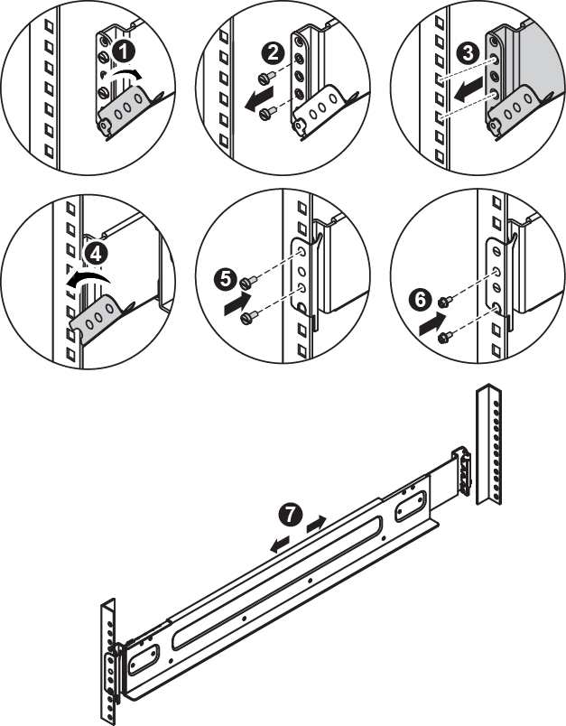 Illustration of how to install the storage slide rails in a square hole rack