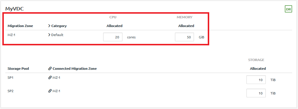 Screen capture showing the CPU cores and memory allocation