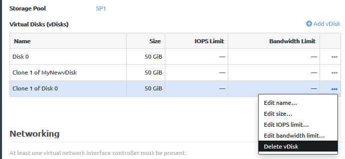 Screen capture of the Delete vDisk option from the vDisks Action menu