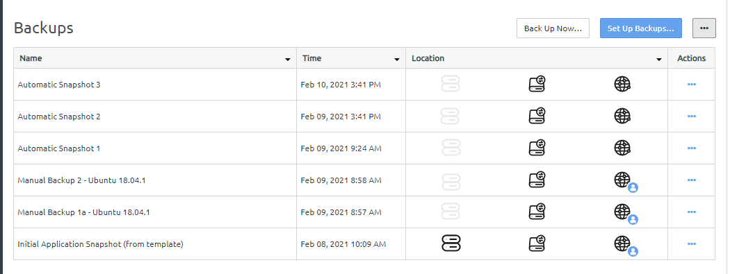 Screen capture showing the results from deleting all local backups