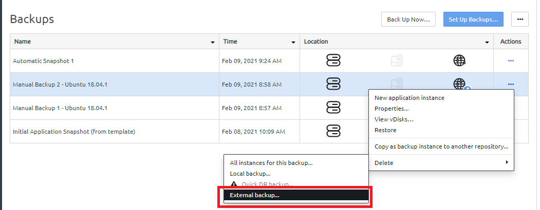 Screen capture showing the delete external backup selection