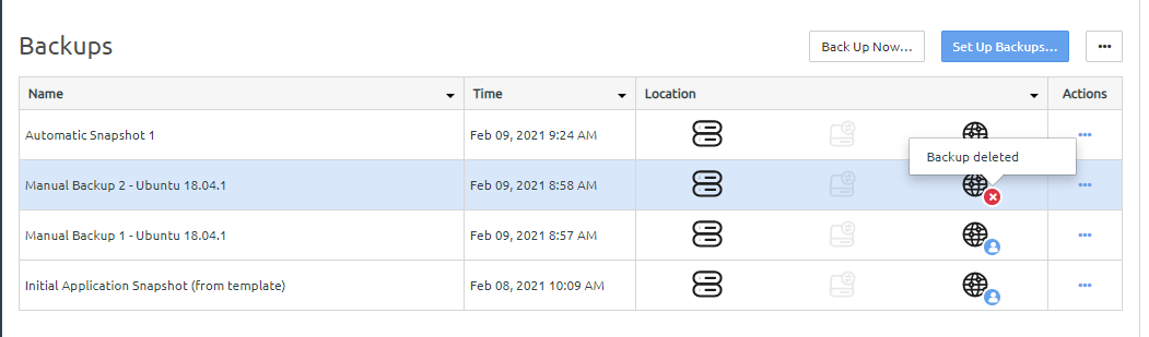 Screen capture showing the backups page after an external backup has been deleted.