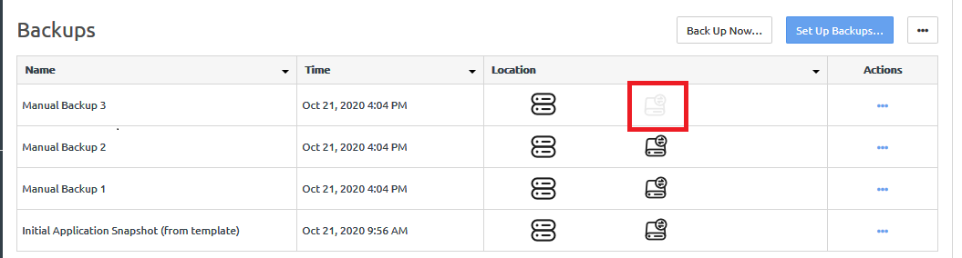 Screen capture showing the delete quick DR backup selection