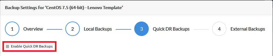 Screen capture showing the enable quick DR backups checkbox deselected