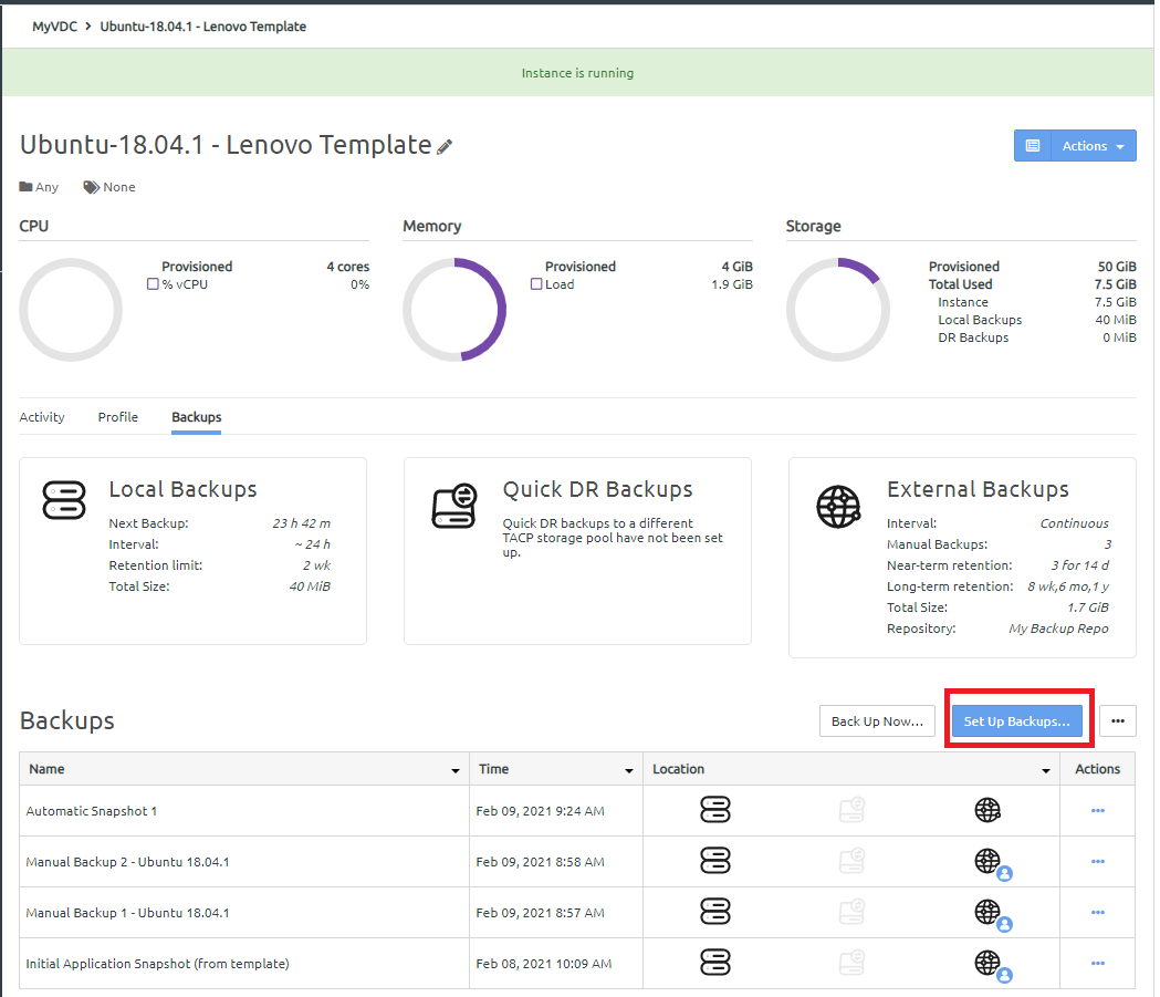 Screen capture showing the Set Up Backups button