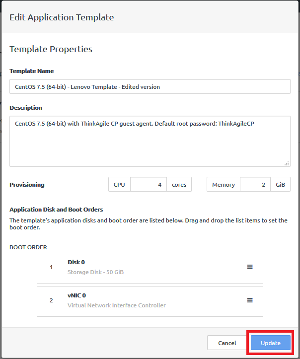 Screen capture of the Edit Application Template dialog