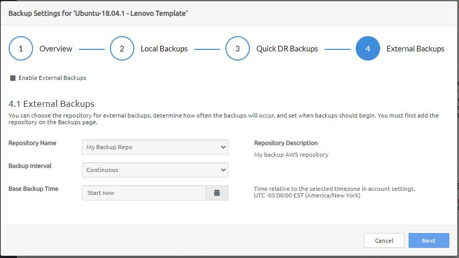 Screen capture showing the External Backups page