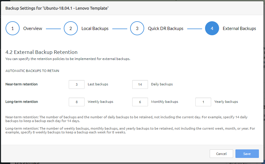 Screen capture showing the External Backups Retention settings page