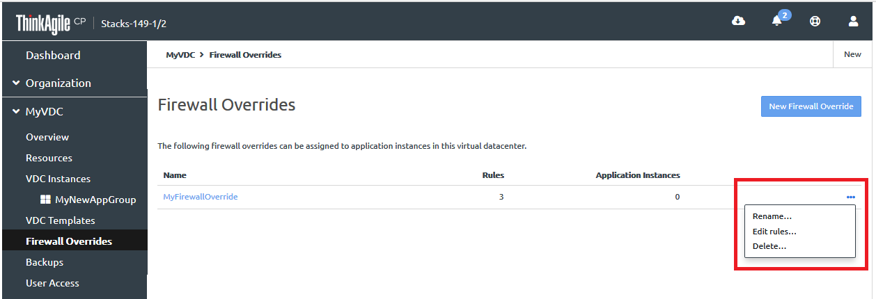 Screen capture showing a firewall override Actions menu