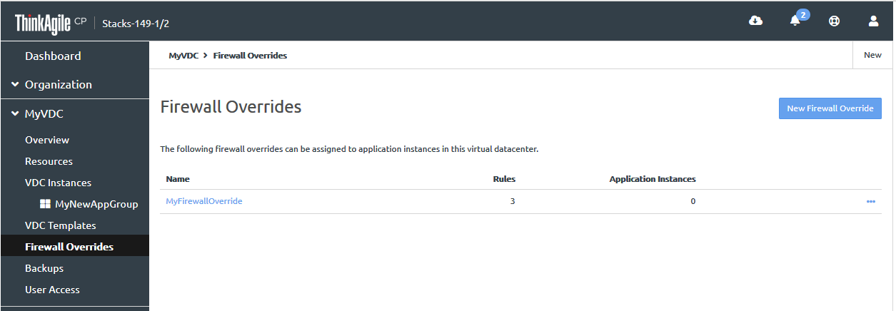 Screen capture showing a firewall override added to the Firewall Overrides page