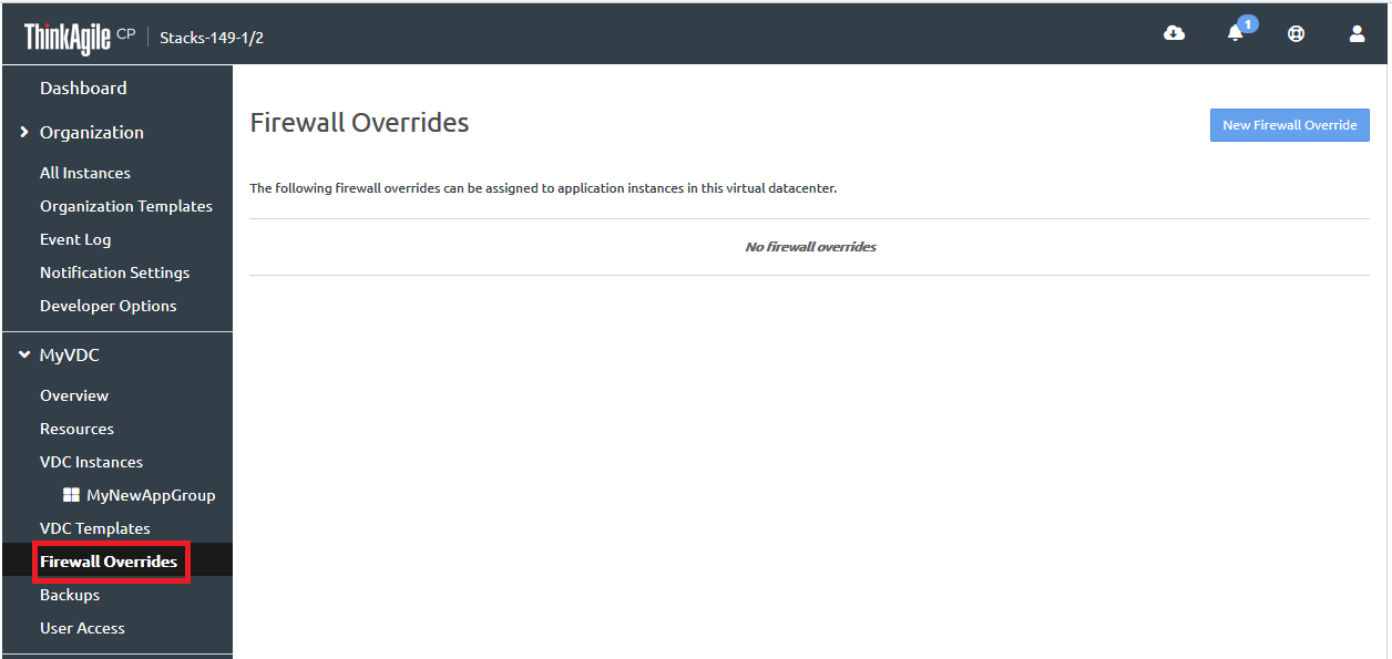 Screen capture showing the VDC Firewall Overrides page