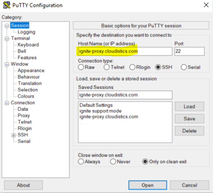 Screenshot of SSH sign-in to proxy server