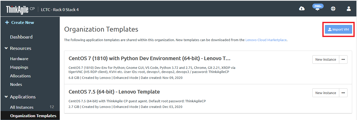 Import VM option on Organization Templates page