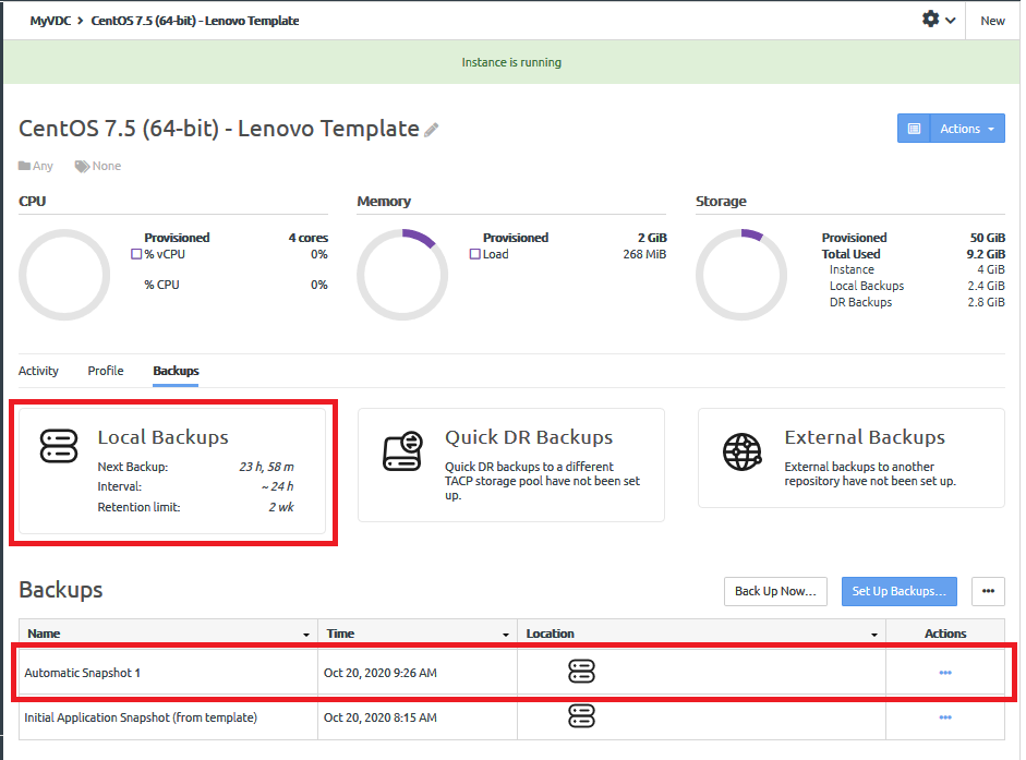 Screen capture showing the Backups page with Local Backups configured