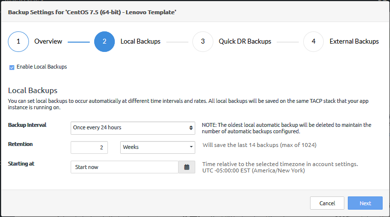 Screen capture of the local backups configuration page