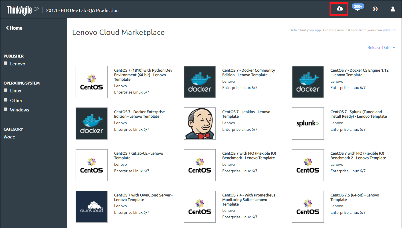 Graphic depicting the Lenovo Cloud Marketplace icon location in the ThinkAgile CP Cloud Controller user interface