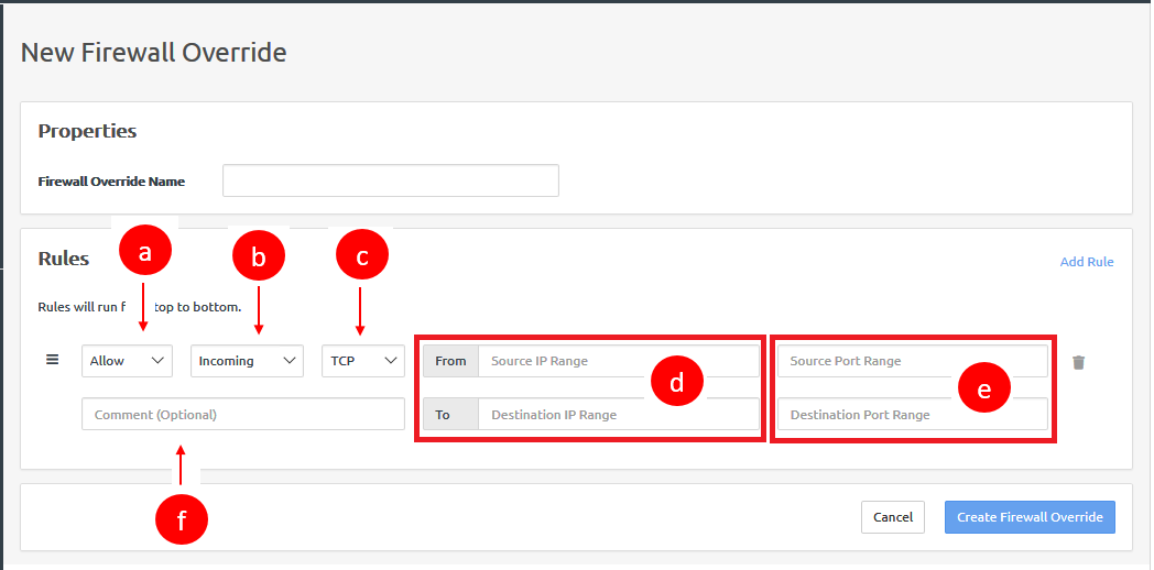 Screen capture showing the New Firewall Override dialog