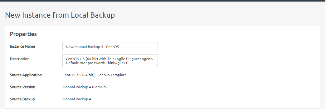 Screen capture showing Properties section of the new instance from local backup dialog.
