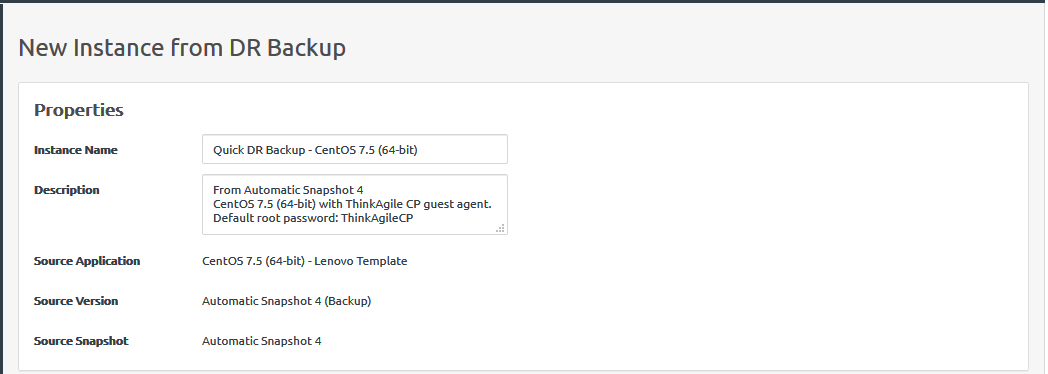Screen capture showing Properties section of the new instance from DR Backup dialog.