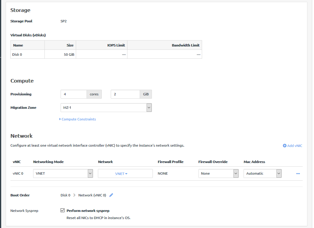 Screen capture showing the storage, compute, and networking section of the new instance from local backup dialog