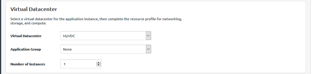 Screen capture showing the Virtual Datacenter section of the new instance from external backup dialog.