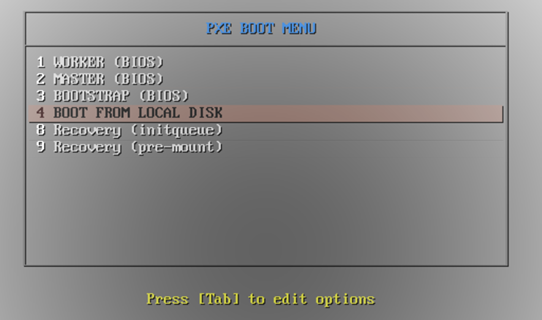 Screen capture of the PXE Boot Menu with BOOT FROM LOCAL DISK selected.