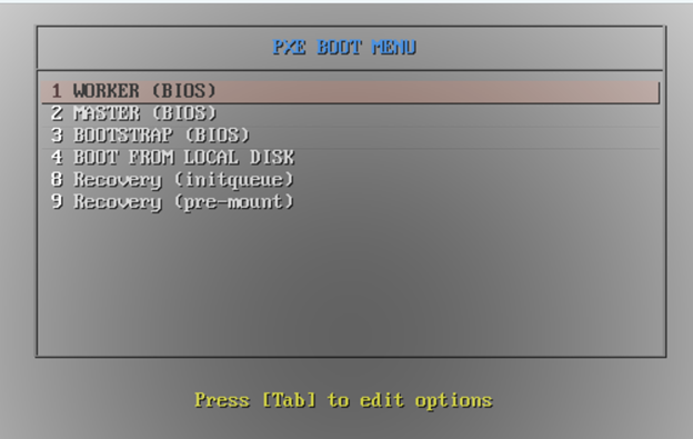 Screen capture of the PXE Boot Menu with master (bios) selected.