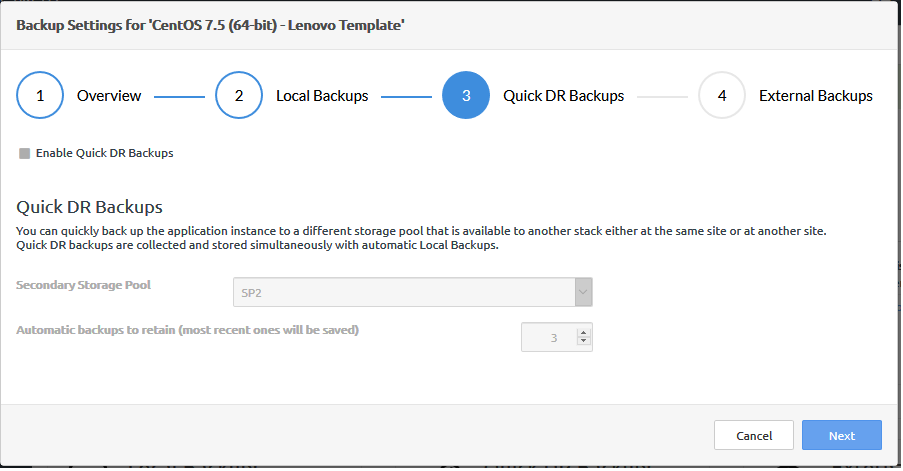 Screen capture showing the Backup Settings overview page