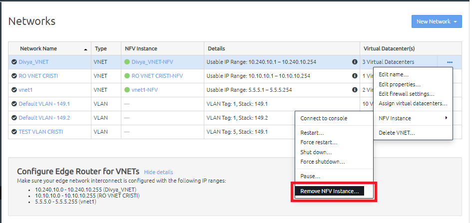 Screen capture of the Remove NFV Instance option