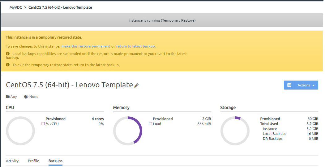 Screen capture showing the Restore Backup Instance dialog