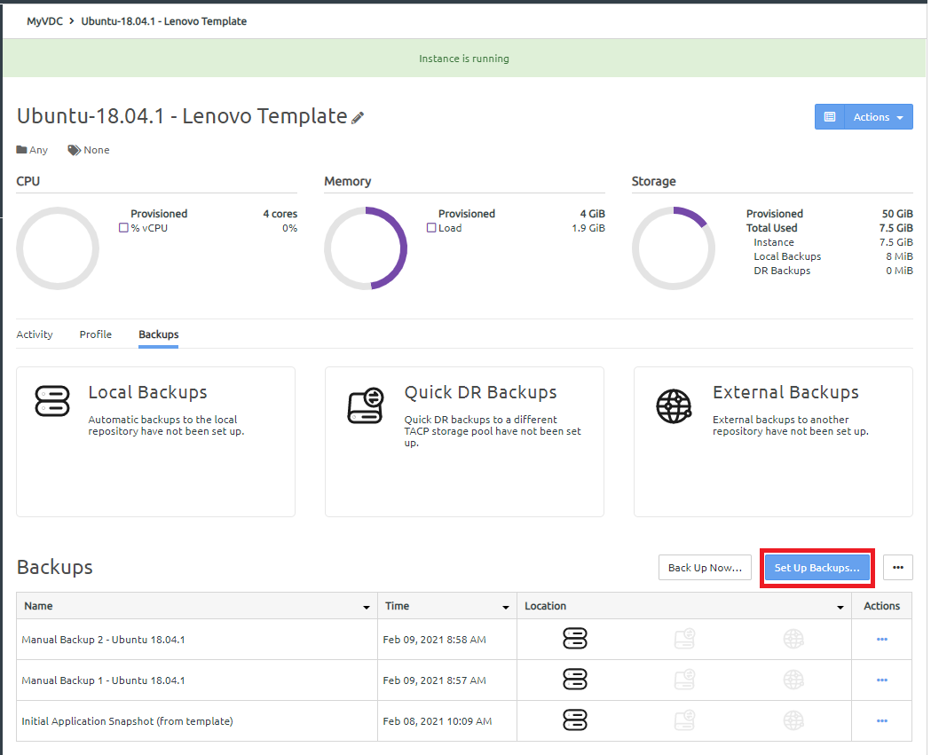 Screen capture showing the Set Up Backups button