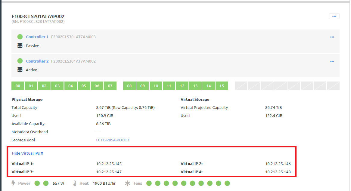 Screen capture of storage block showing virtual IP addresses