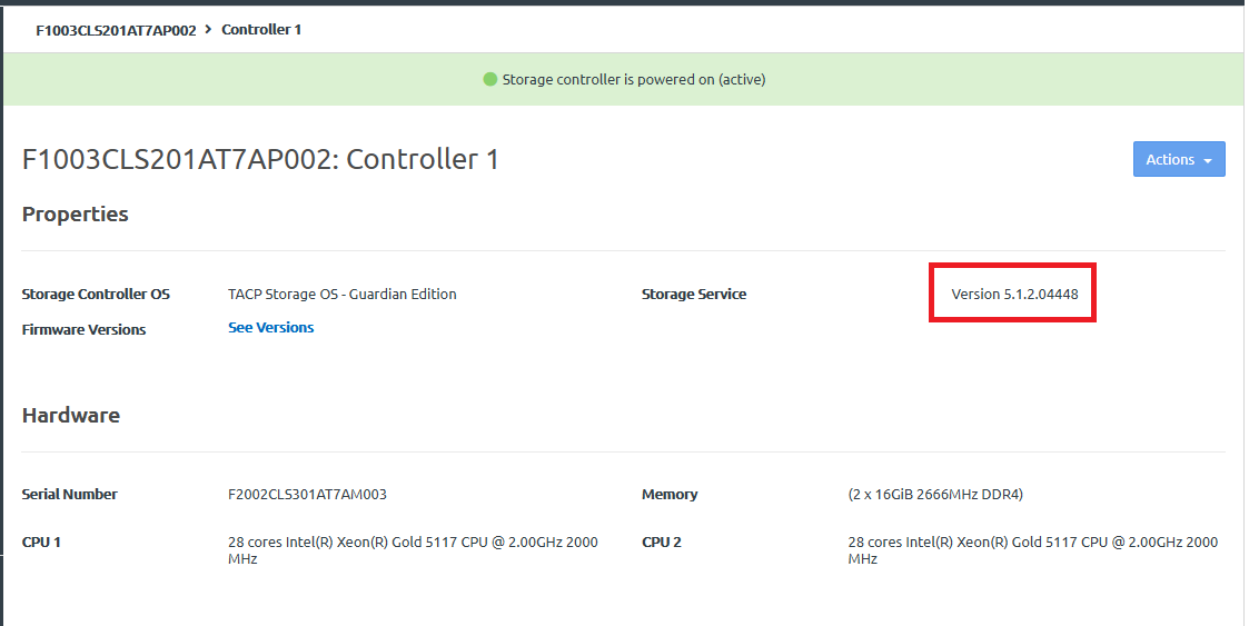 Screen capture showing the storage controller version number