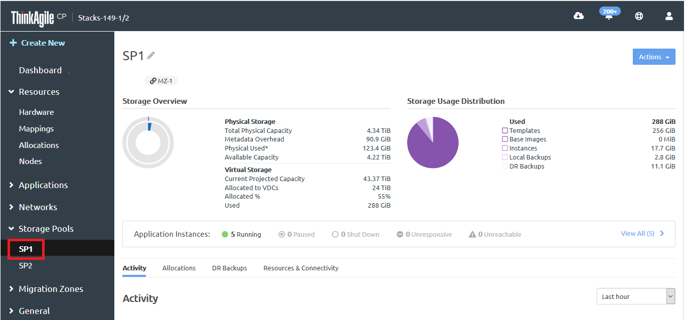 Screen capture of the Storage Pools section in the left navigation