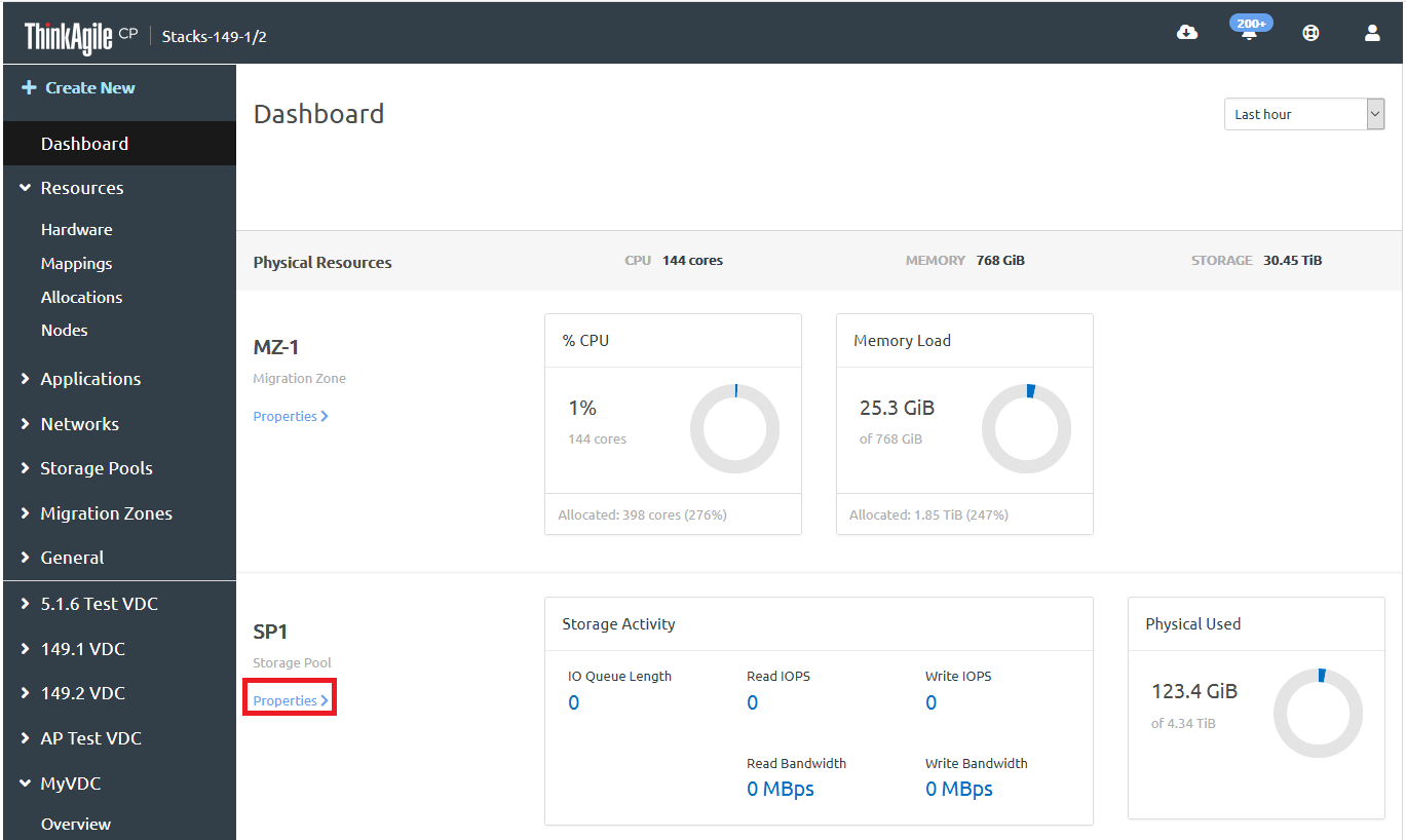 Screen capture of Storage Properties from the Dashboard