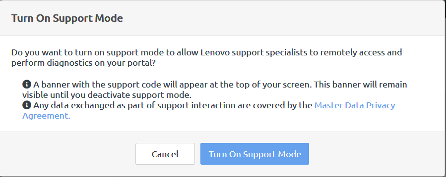 Screenshot of the Turn On Support Mode dialog box