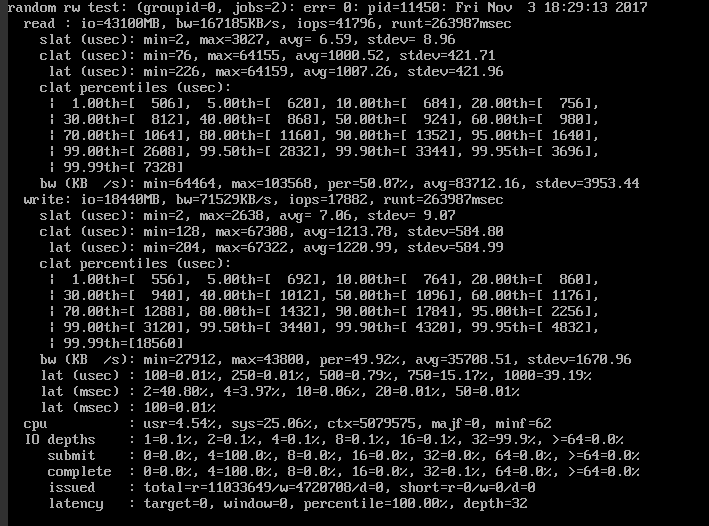 Screen capture showing the results of running rw_test_fio
