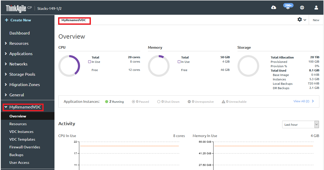 Screen capture of the Renamed virtual datacenter