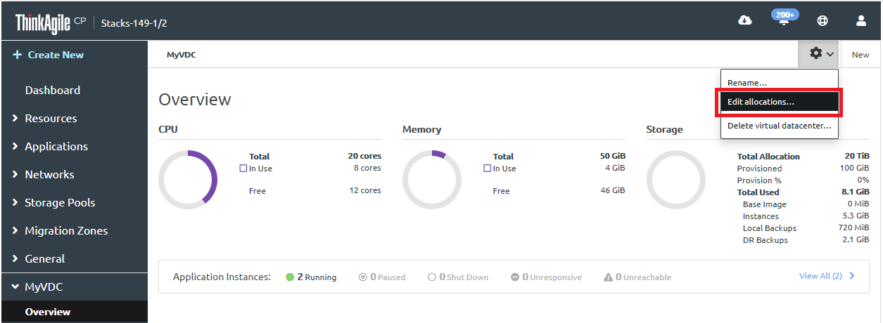 Screen capture showing the edit allocations option on the VDC Overview page.