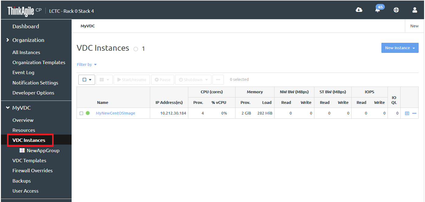 Screen capture of the VDC instances page