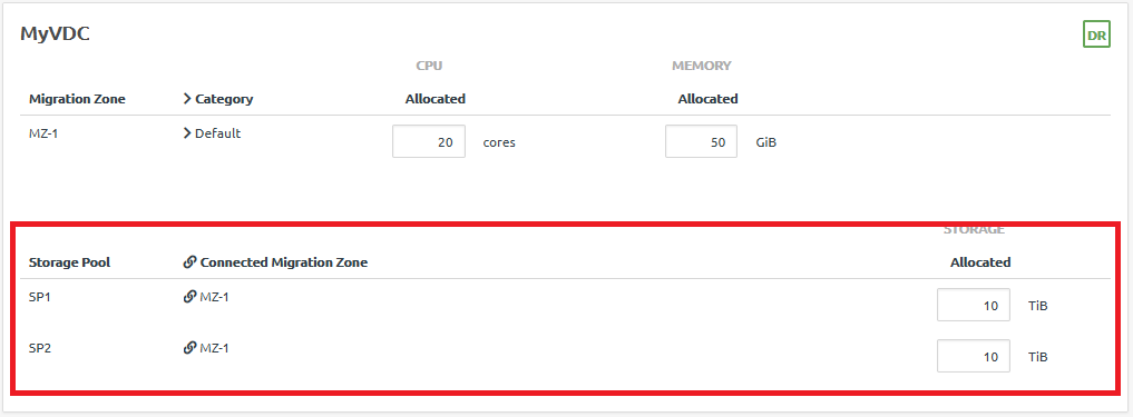 Screen capture showing storage allocation for the new VDC.