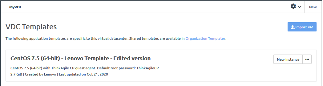 Screen capture showing the updated template in the VDC Templates page