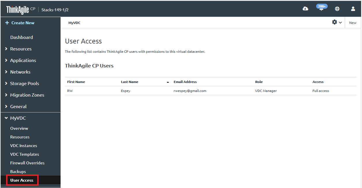 Screen capture showing the User Access page for VDC manager or VDC viewer user