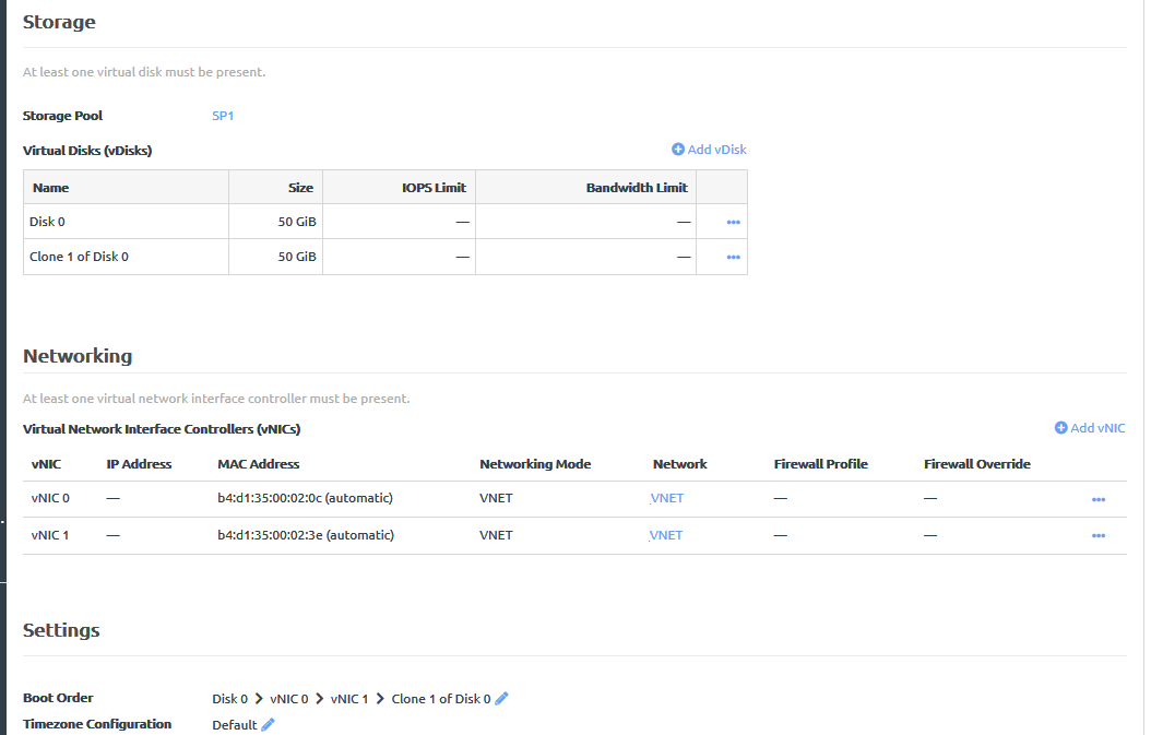 Screen capture of the Storage section of the Profile tab for an application instance showing vDisks