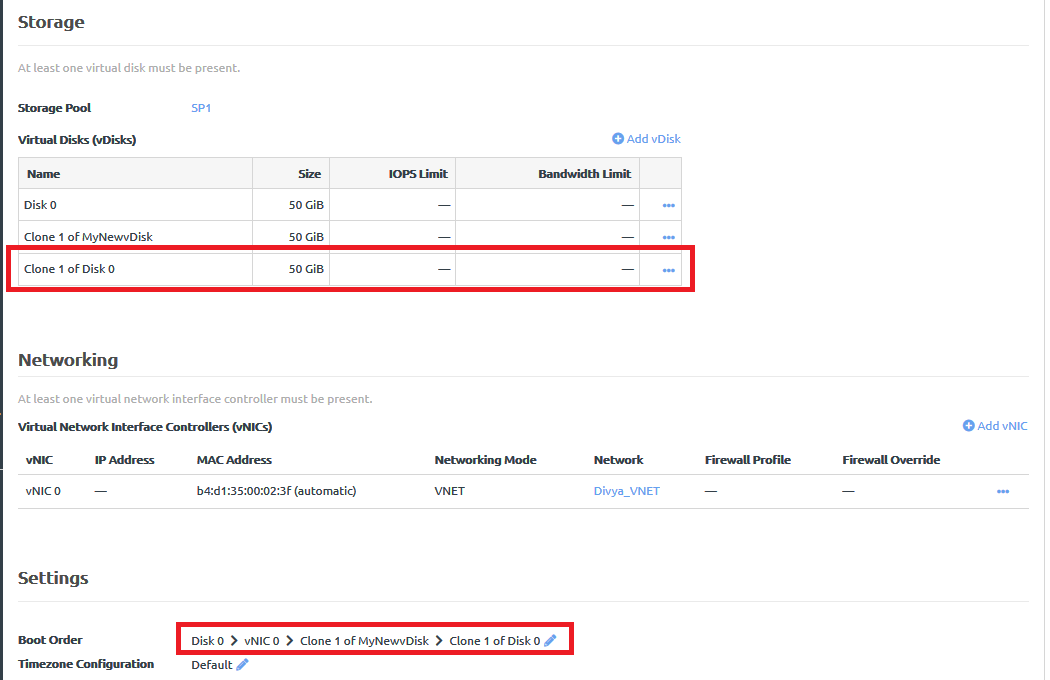 Screen capture showing that the cloned vDisk has been added to the list of virtual disks and the boot order for the application instance