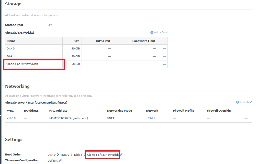 Screen capture showing that the cloned vDisk has been added to the list of virtual disks and the boot order for the application instance