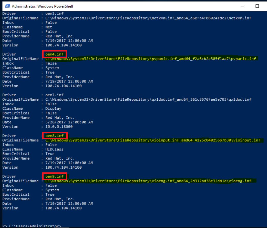 Screen cap showing results of Get-WindowsDriver PowerShell command with driver name hightlighted