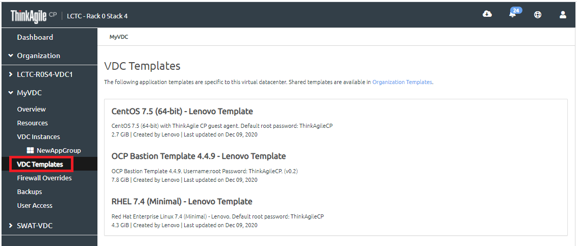 Screen capture showing the VDC Templates page